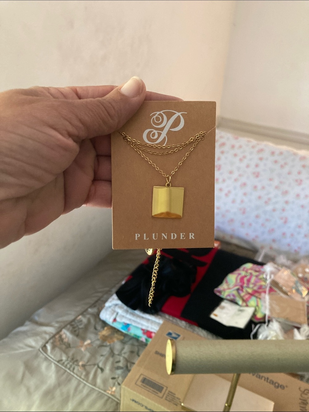 Plunder Gold Square Pendant Layered Necklace